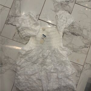 Aritzia Textured White Dress with Puff Sleeves